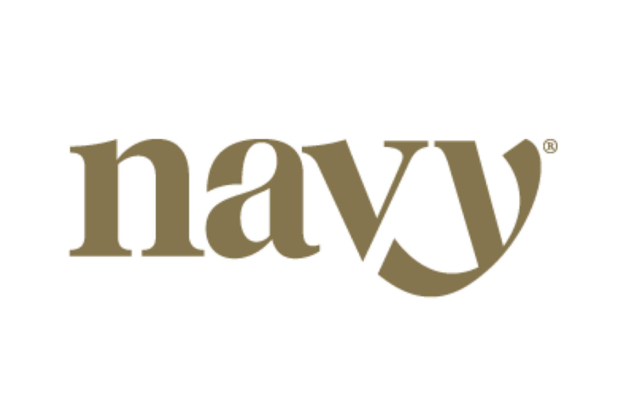 The logo for the brand 'Navy' in khaki color with stylized text.