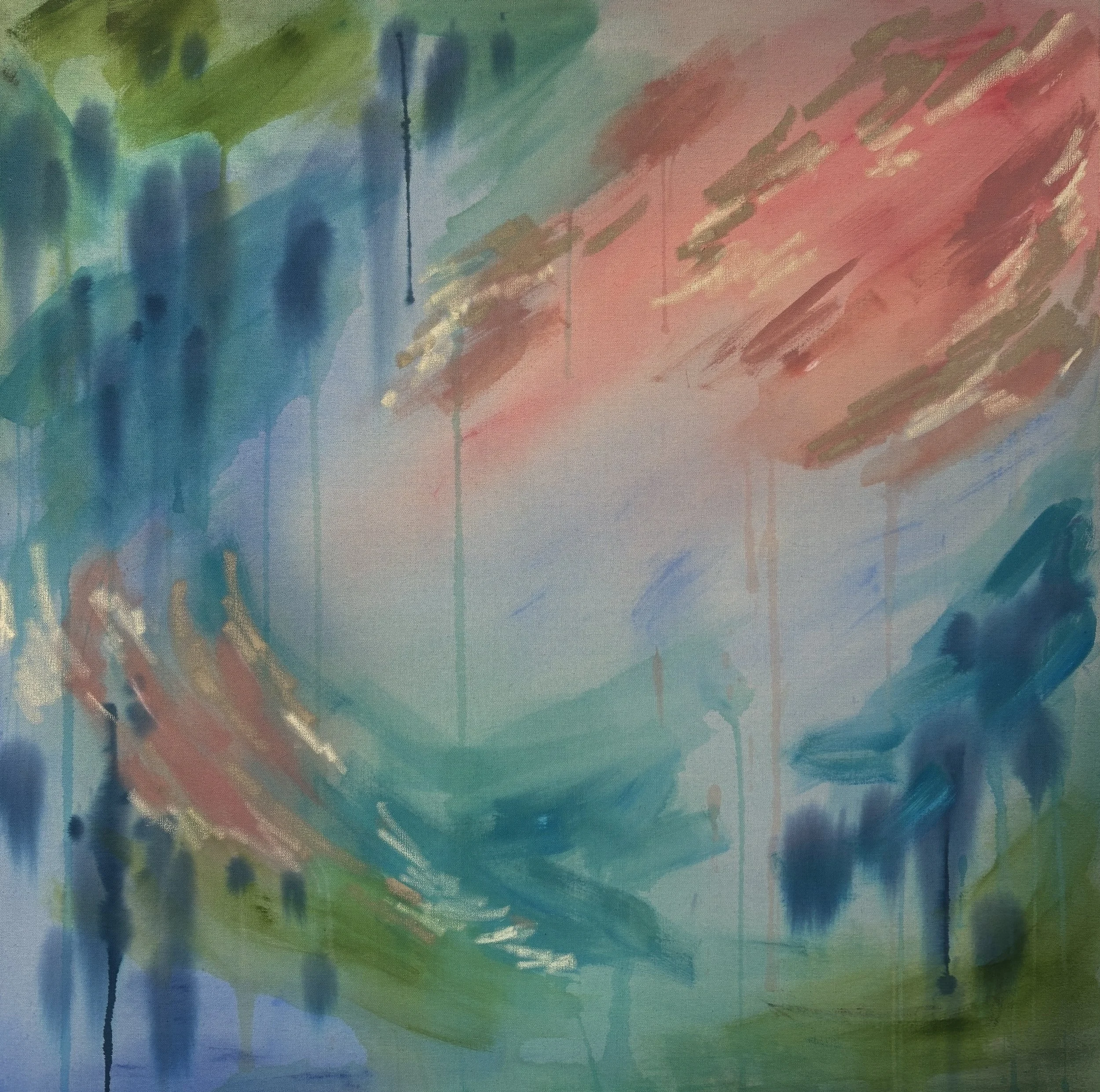 ‘Longing’ (2025). Oil, acrylic, oil stick on canvas, 100 x 100cm.