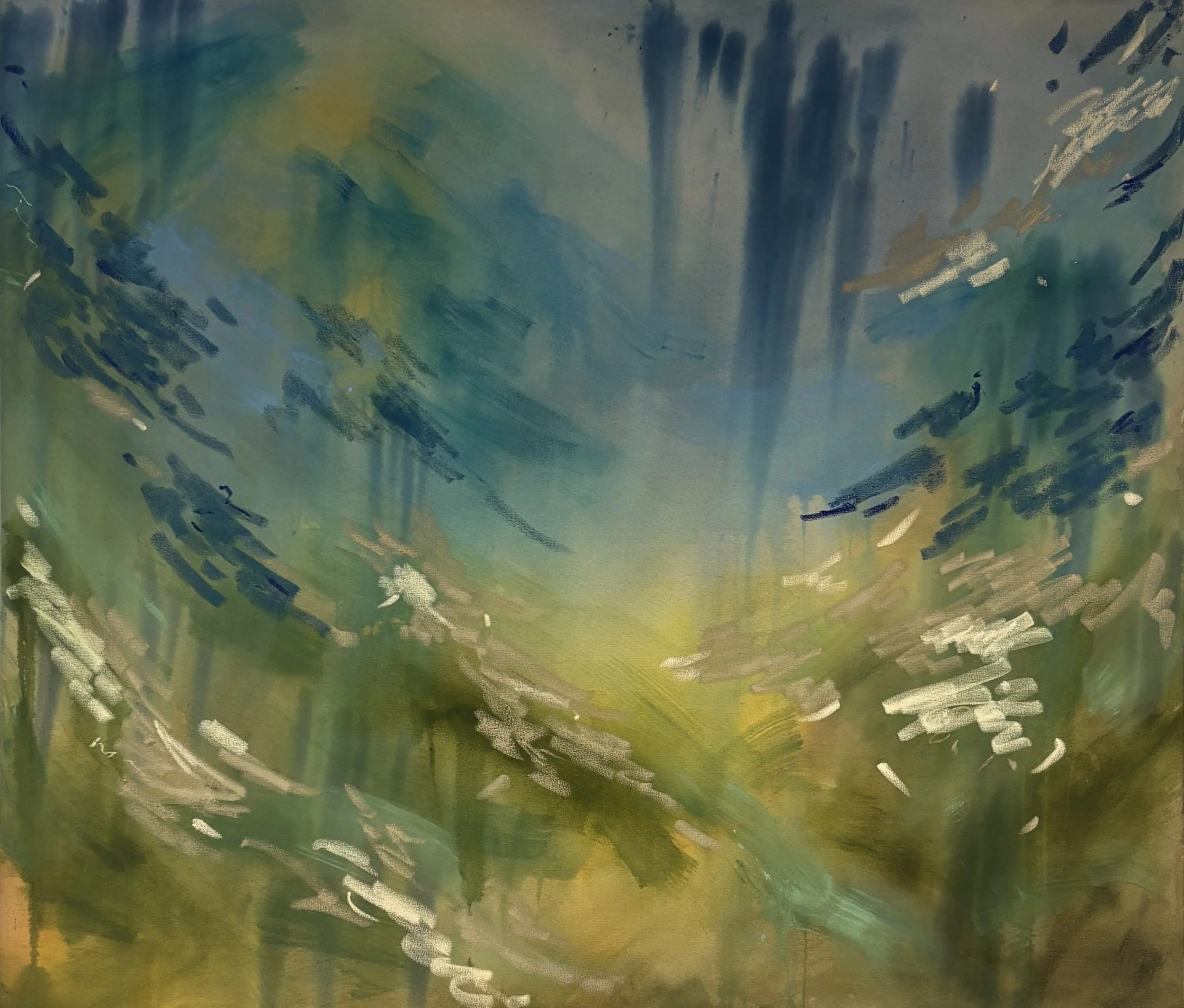 ‘Grass stains’ (2026). Oil, acrylic, oil stick on canvas, 120 x 140cm.