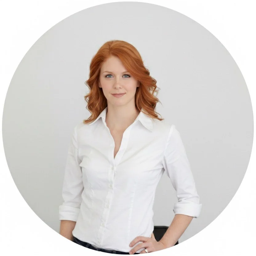 A woman with red hair, wearing a white button-up shirt, standing against a plain light background.