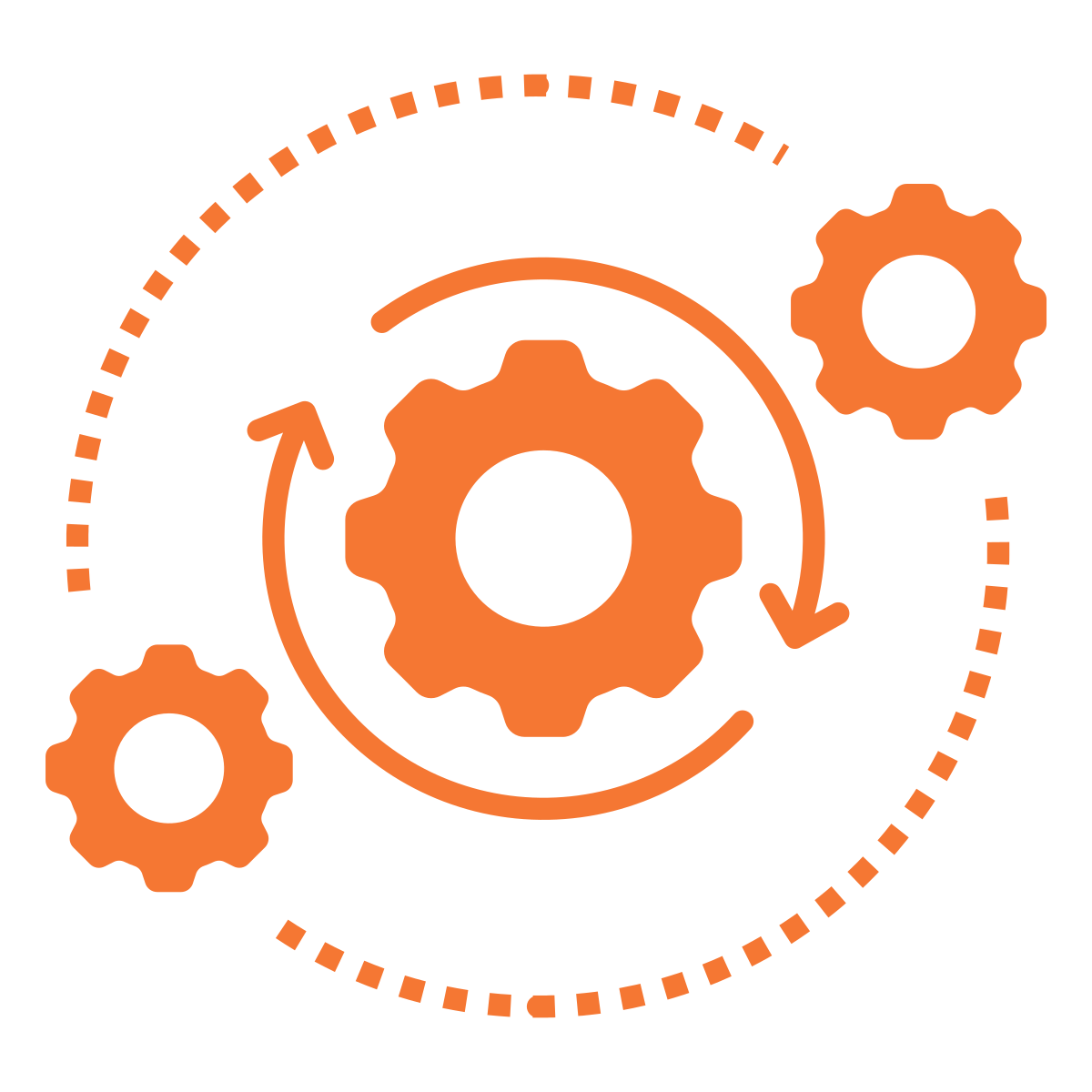 Icon of interconnected gears with arrows indicating process or automation, in orange on black background.