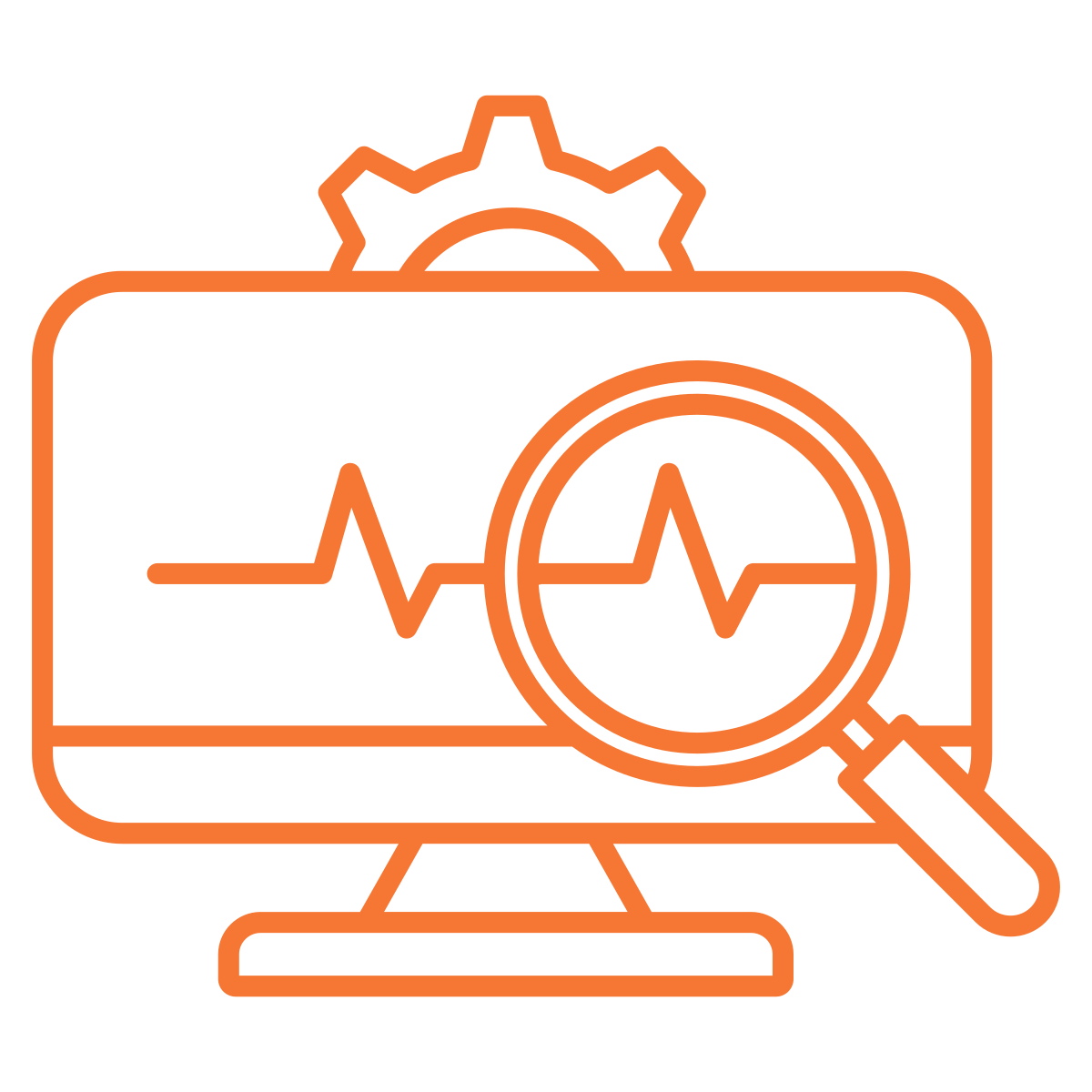 Outline illustration of a computer monitor with a heartbeat line, a magnifying glass, and a gear symbol, representing health monitoring and diagnostics.
