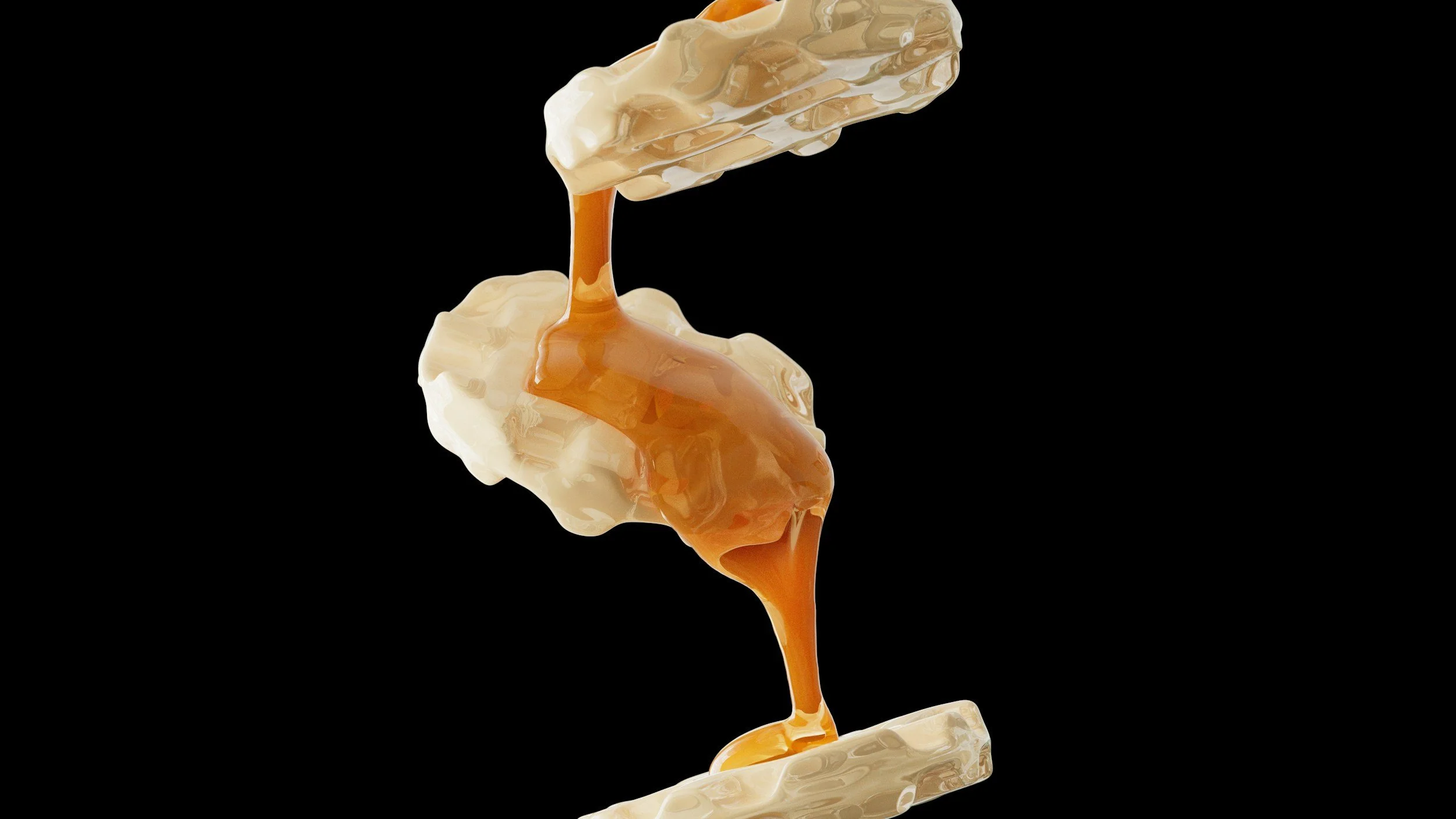 Caramel sauce is pouring from a spoon onto vanilla ice cream bars against a black background.
