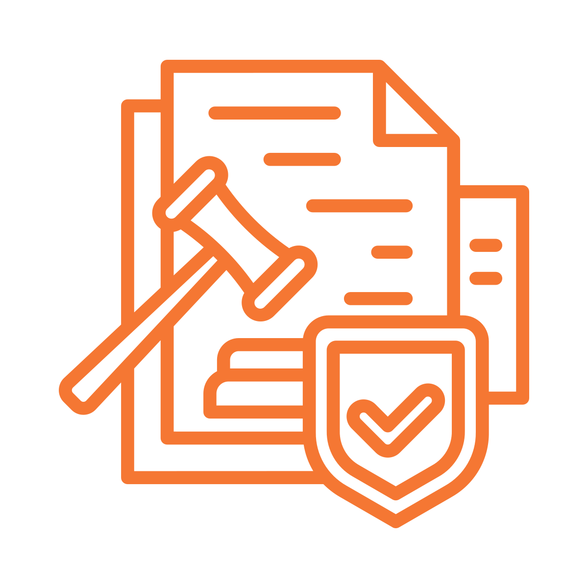 Outline of legal documents, a gavel, and a shield with a checkmark, representing legal protection or approval.