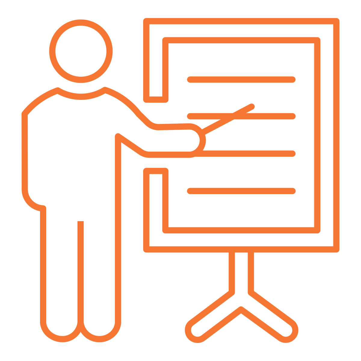 Outline illustration of a person giving a presentation with a pointer to a board with lines of text.