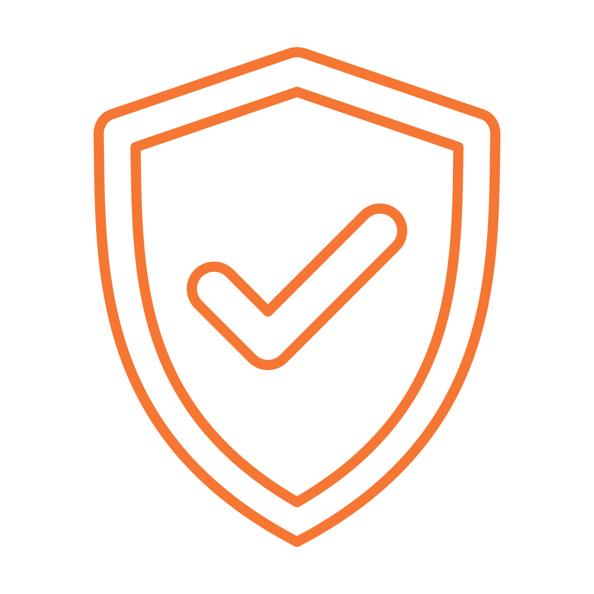 An orange outline shield with a checkmark inside.