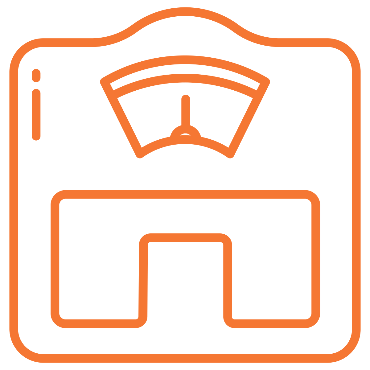 Line drawing of a vintage weighing scale with a needle and two platforms.