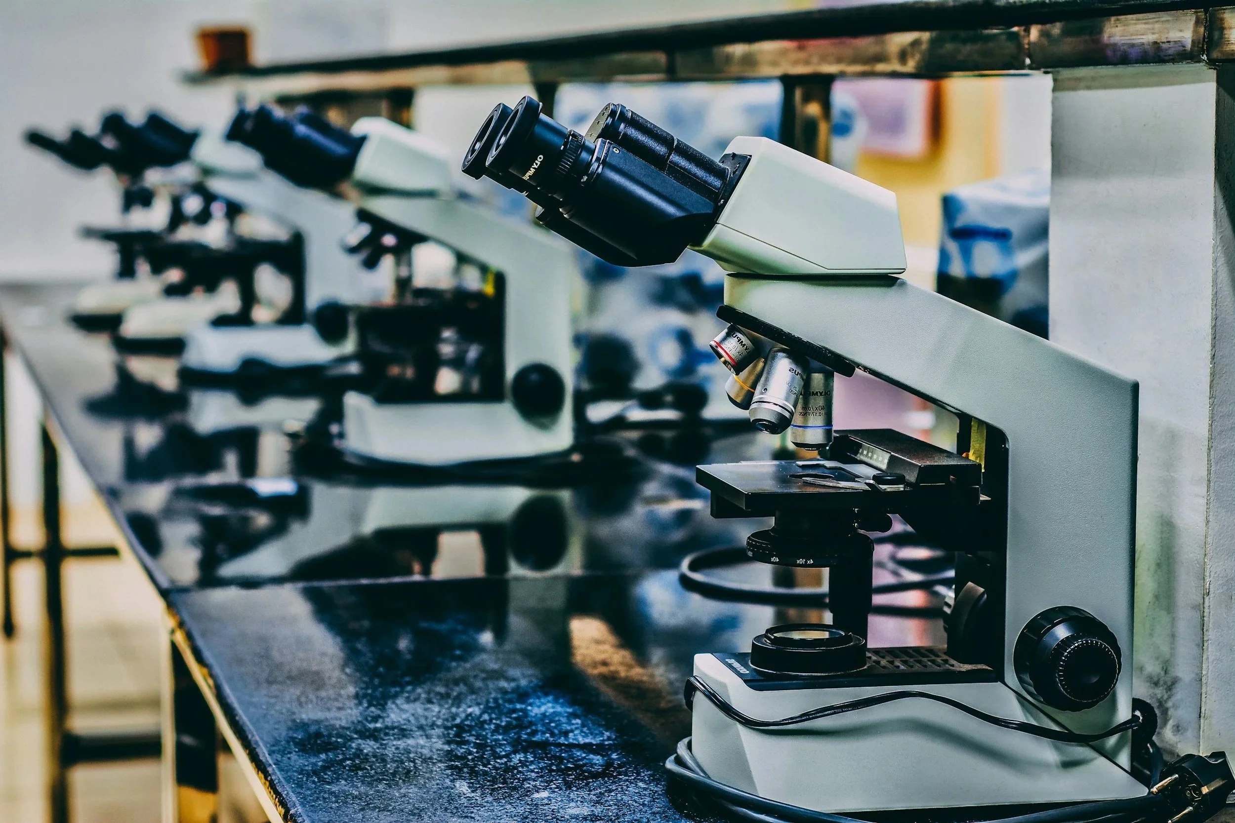 Multiple microscopes on a laboratory bench, used for scientific research and study.