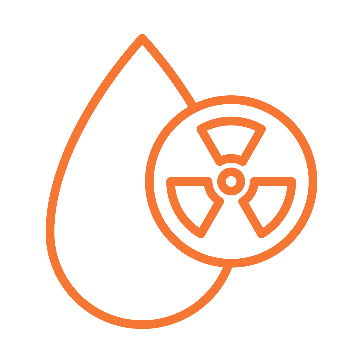 Outline of a droplet with a radioactive hazard symbol inside.