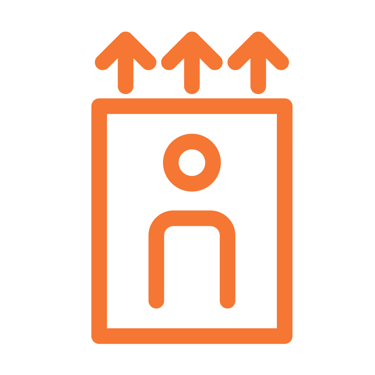 Icon of a person inside a box with arrows pointing upward, representing lift or elevation.