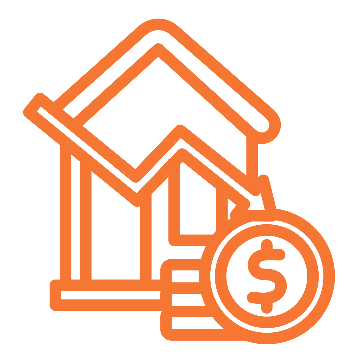 Outline of a house with a downwards trending arrow and a dollar sign in a circle, representing declining real estate or property market value.