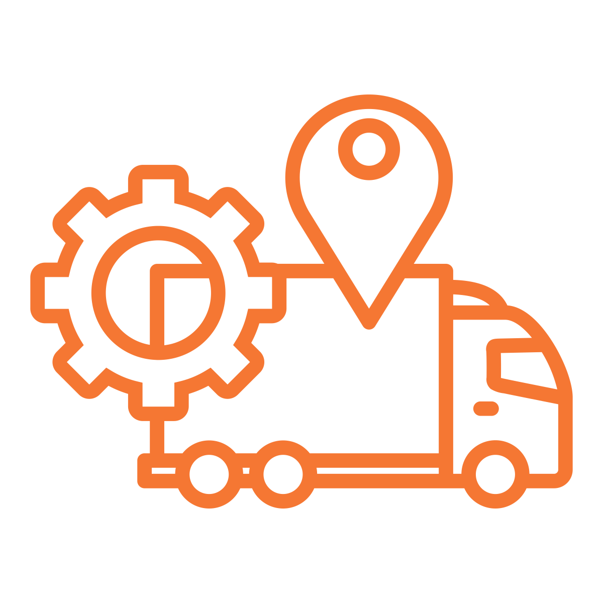 Outline of a delivery truck with a gear and location pin icons.
