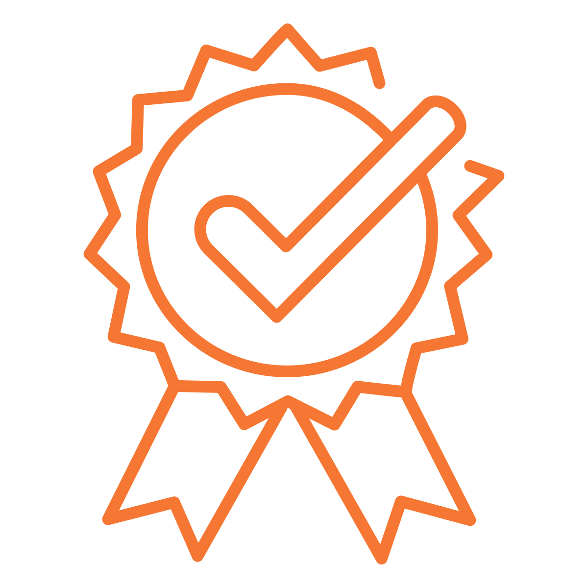 Orange outline icon of a checkmark inside a circle, with a ribbon and a sunburst shape behind it, symbolizing approval or quality assurance.