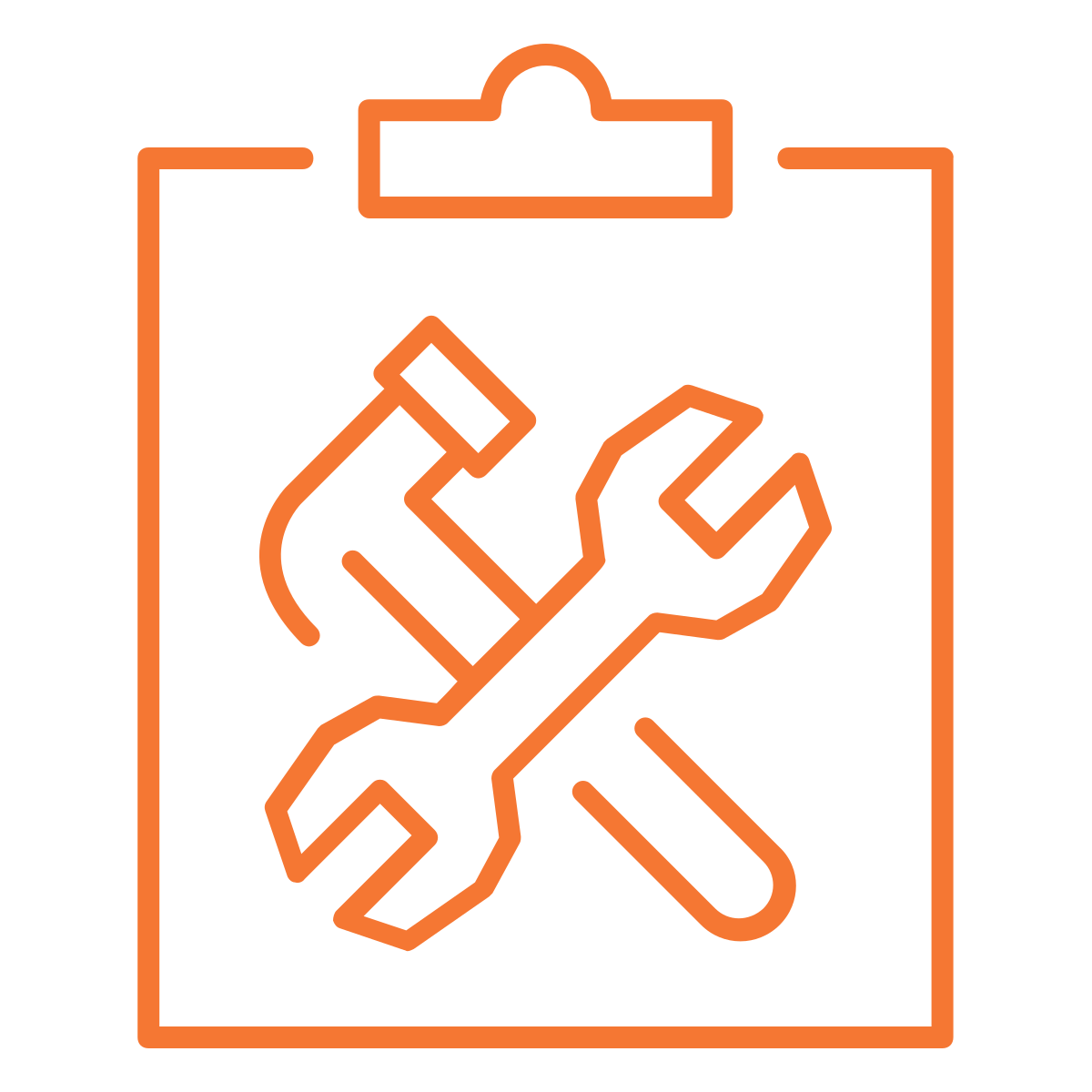 Icon of a clipboard with a hammer and wrench crossed over each other, indicating tools or repair.