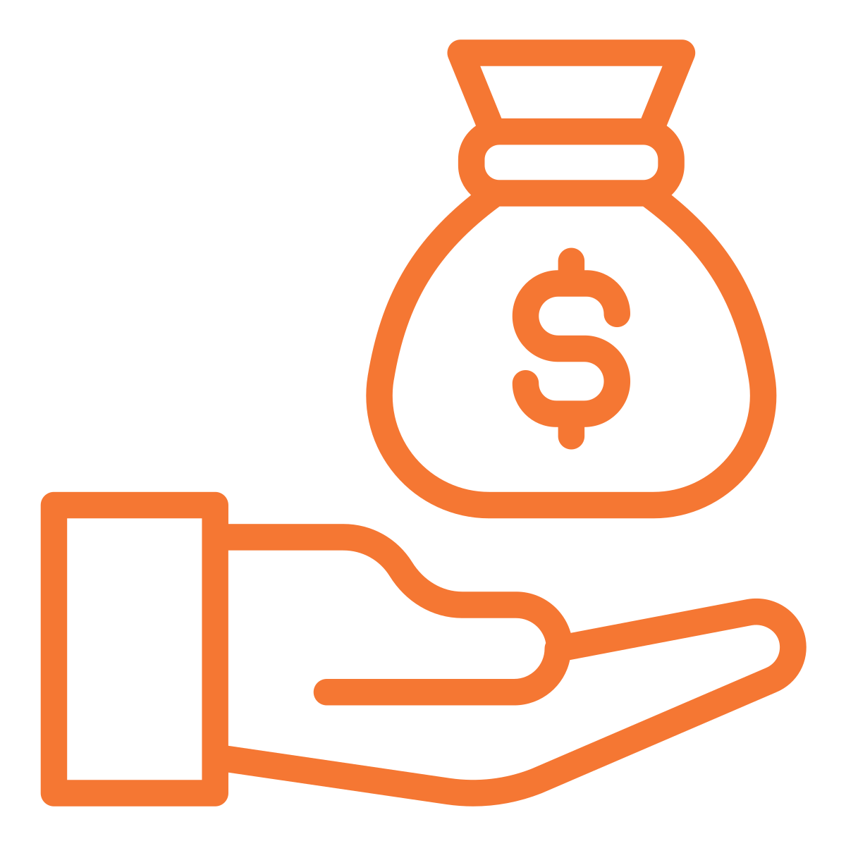 Outline icon of a hand holding a money bag with a dollar sign, representing money and financial gain.