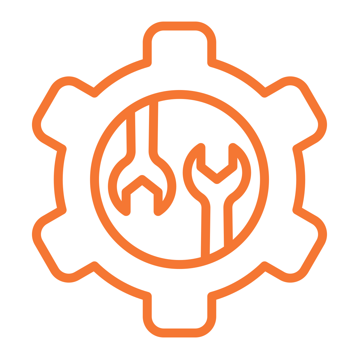 Icon of a gear with a wrench and screwdriver inside, symbolizing maintenance or repair.