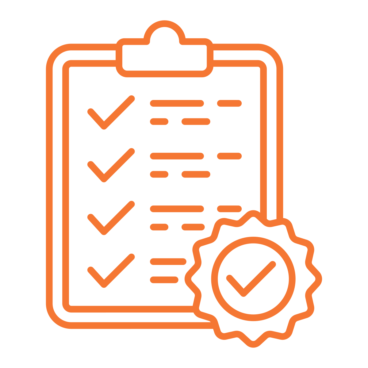 Outline of a clipboard with checkmarks and a seal with a checkmark.