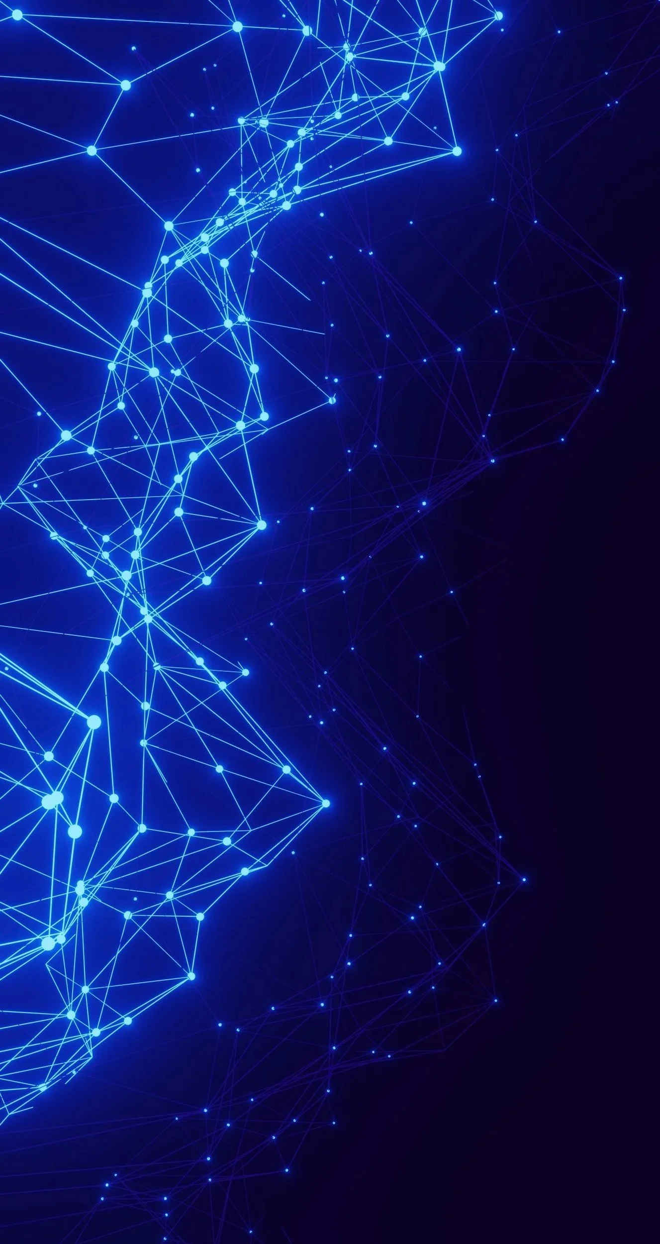 Digital network with interconnected blue lines and points on a dark background.