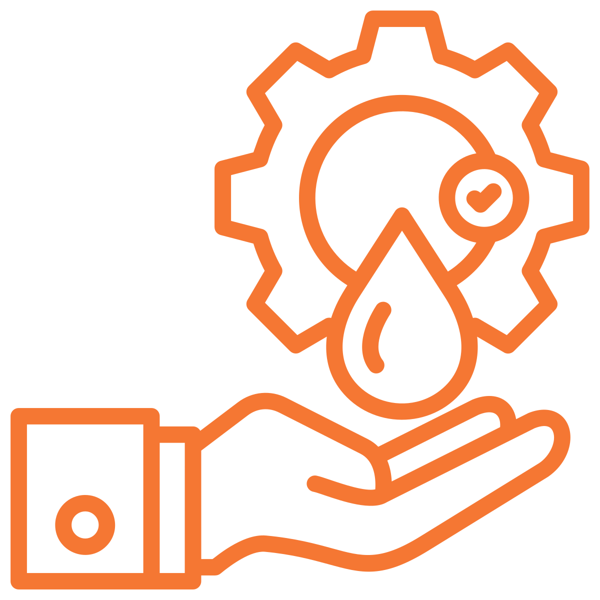 Outline of a hand holding a gear with a water droplet and a check mark inside the gear, symbolizing environmental or water management.