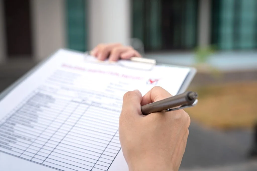 Person filling out a form or survey on clipboard with a pen
