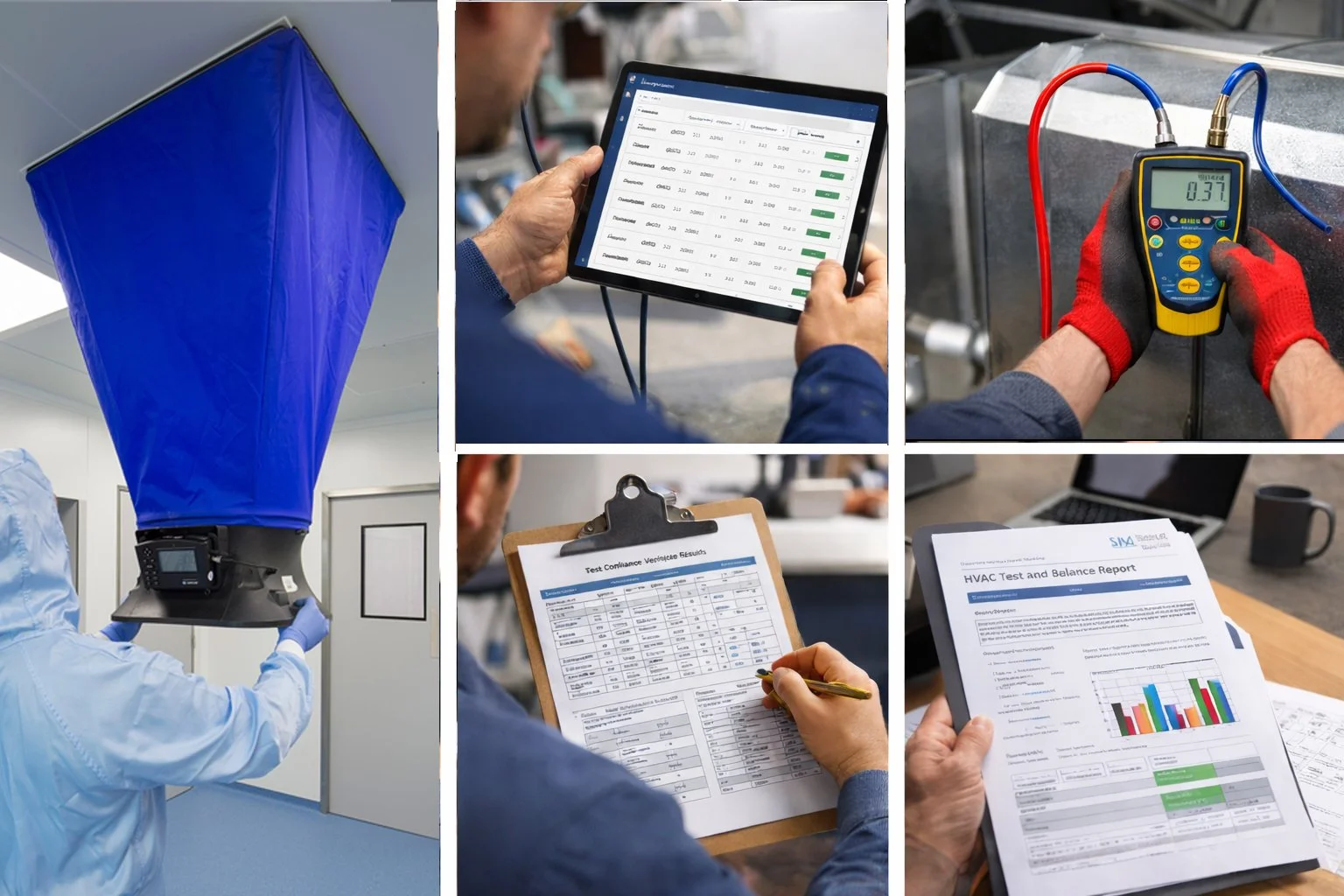 A collage of six images showing industrial and office work scenes. The top left shows a blue air filtration system fan. The top middle shows a person holding a tablet displaying data. The top right shows a person using a digital multimeter to measure electrical voltage. The bottom left shows a technician working with a large industrial machine. The bottom middle shows an individual filling out a compliance test form. The bottom right shows a person reviewing an HVAC test and balance report with charts and data.