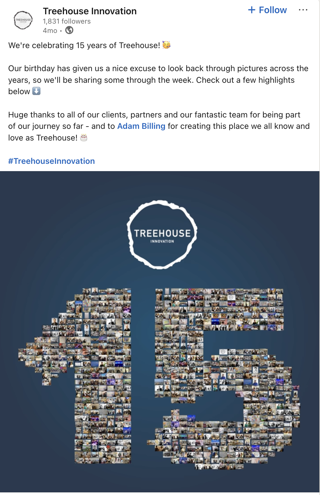 Social media of Treehouse Innovation's 15th anniversary LinkedIn post