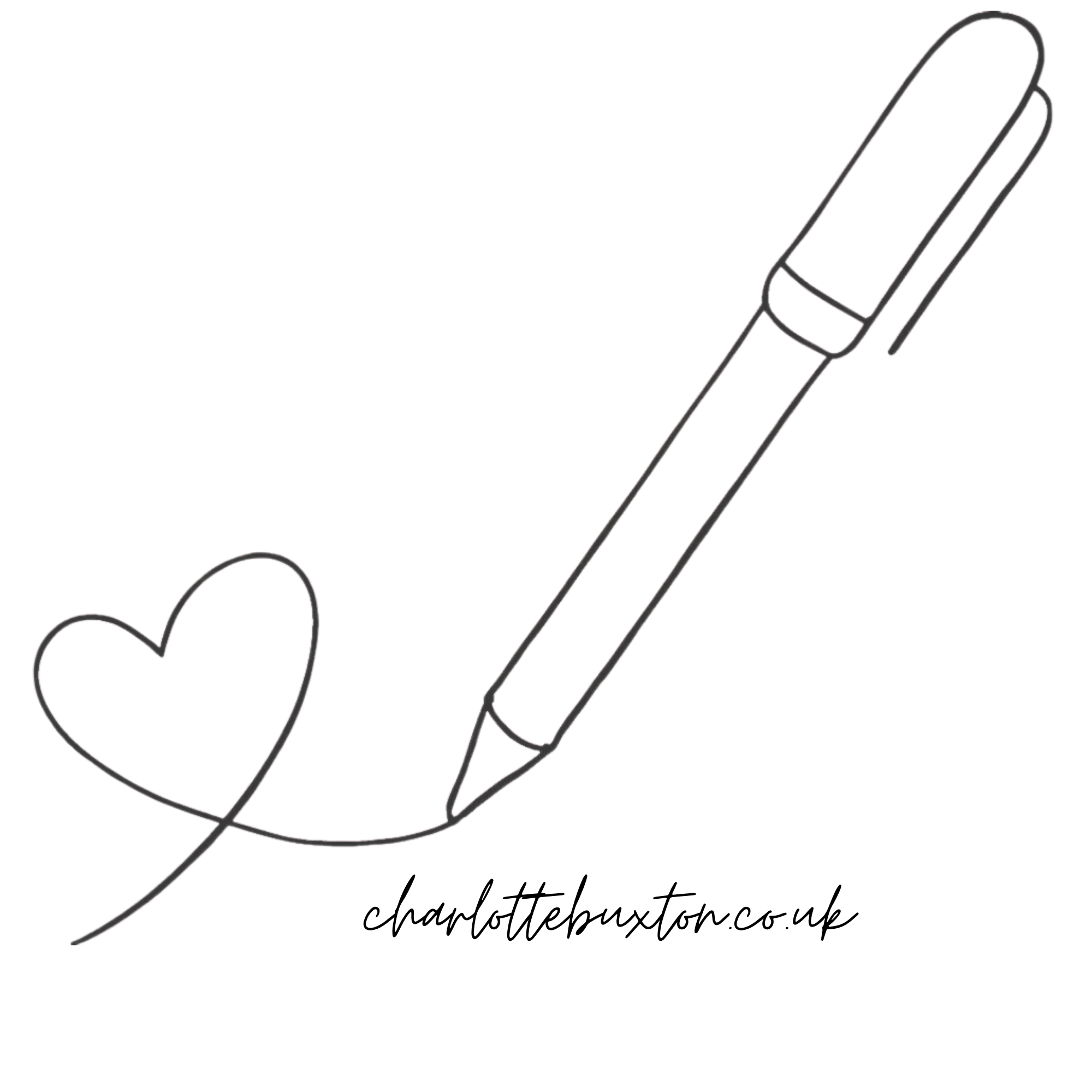 Line drawing of a pen writing a heart shape.