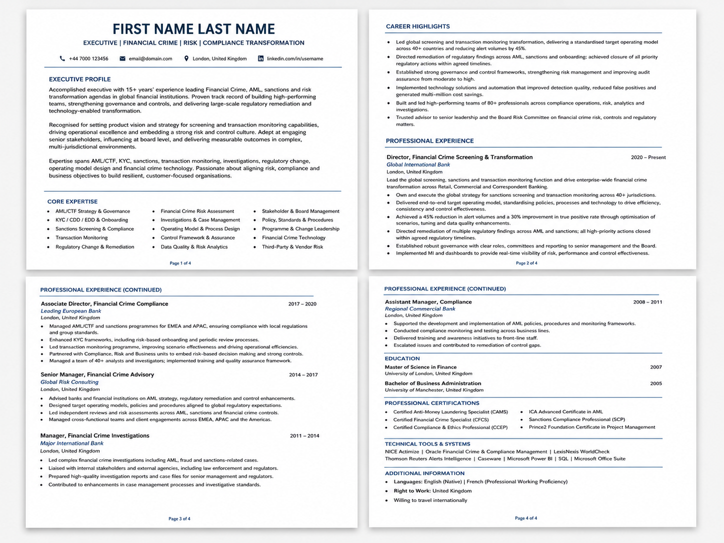 Executive AML, Financial Crime & Compliance CV Template | Editable Word Resume