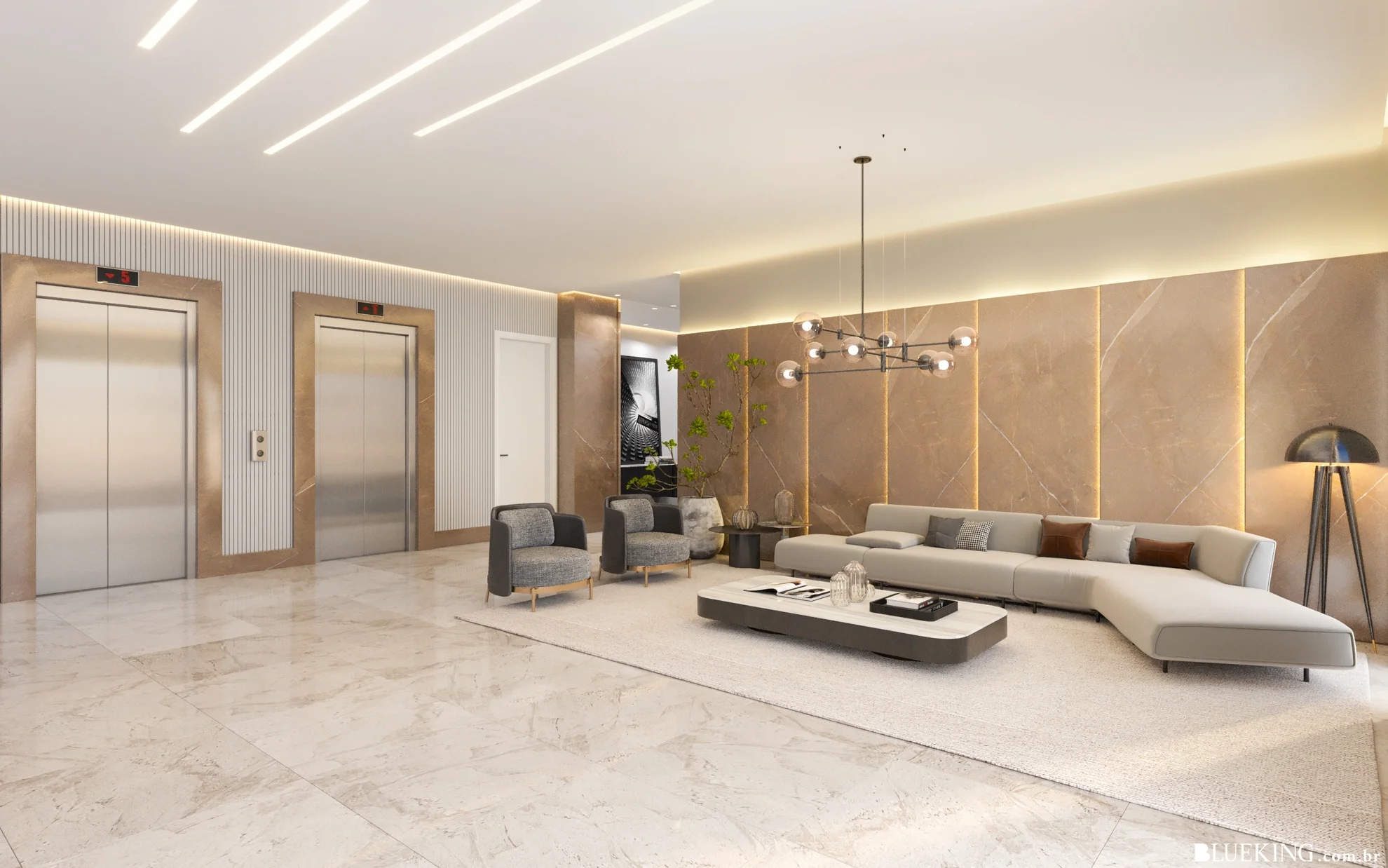Hall de entrada de um prédio com elevadores, sofá confortável, poltronas e decoração moderna, iluminação suave e piso de mármore.