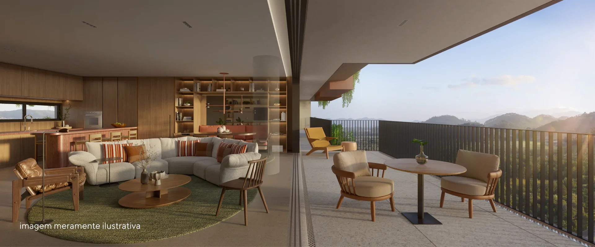 Sala de estar moderna com móveis de madeira, sofá bege, cadeiras de rodas, decoração minimalista e varanda com vista para montanhas ao pôr do sol.