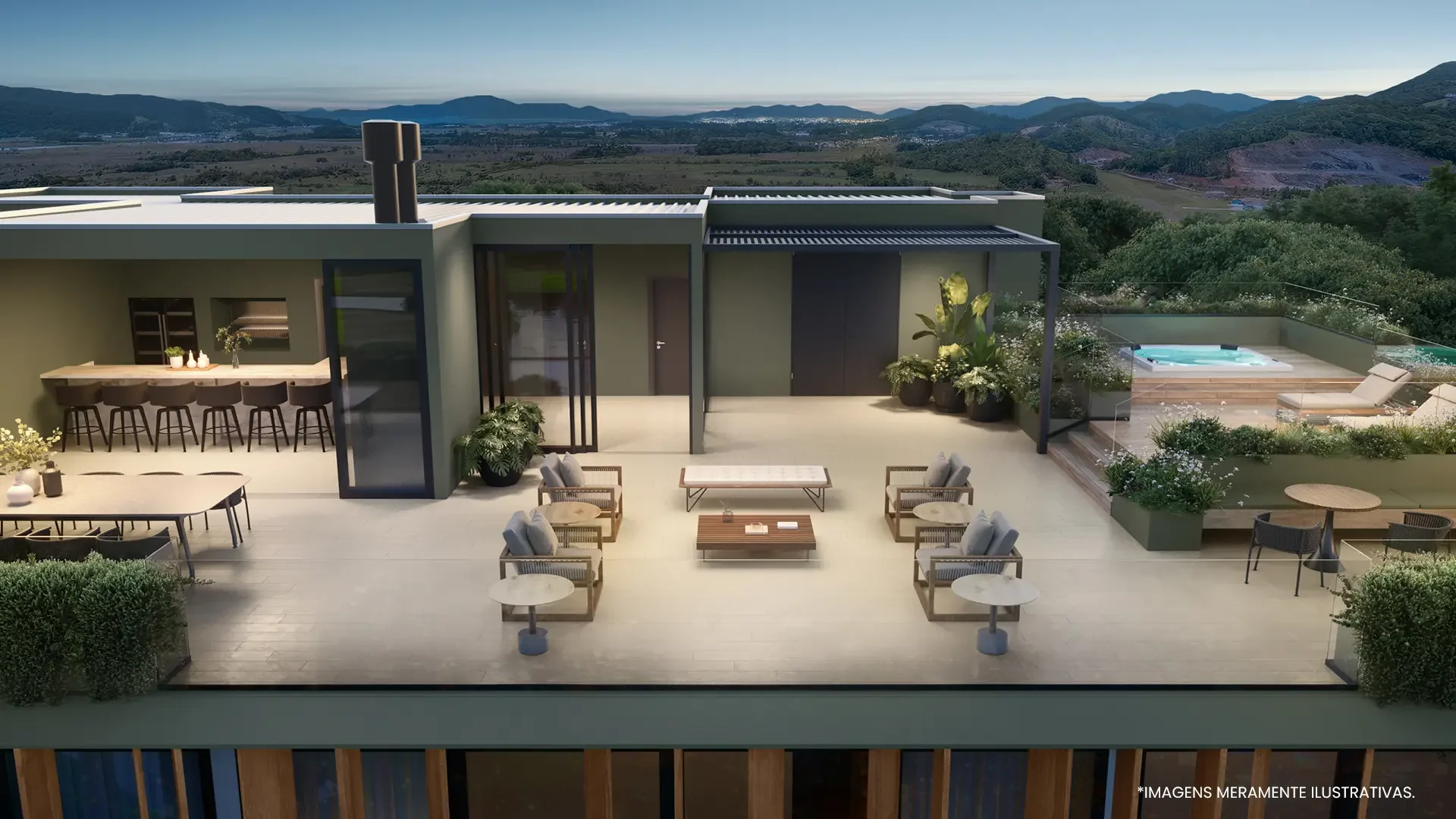 Varanda de casa com vista para montanhas, espaço com poltronas, mesas, bar, jacuzzi, plantas e decoração moderna.