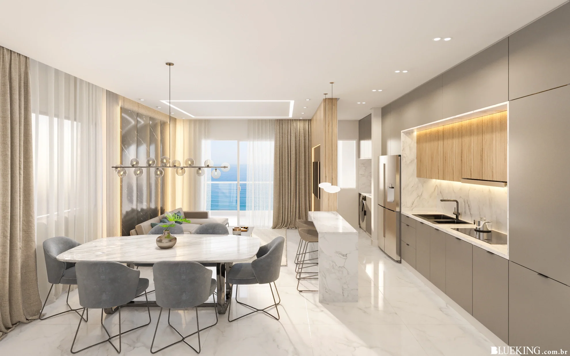 Sala de jantar e cozinha moderna com móveis de tons neutros, sala vista para o mar ao fundo.
