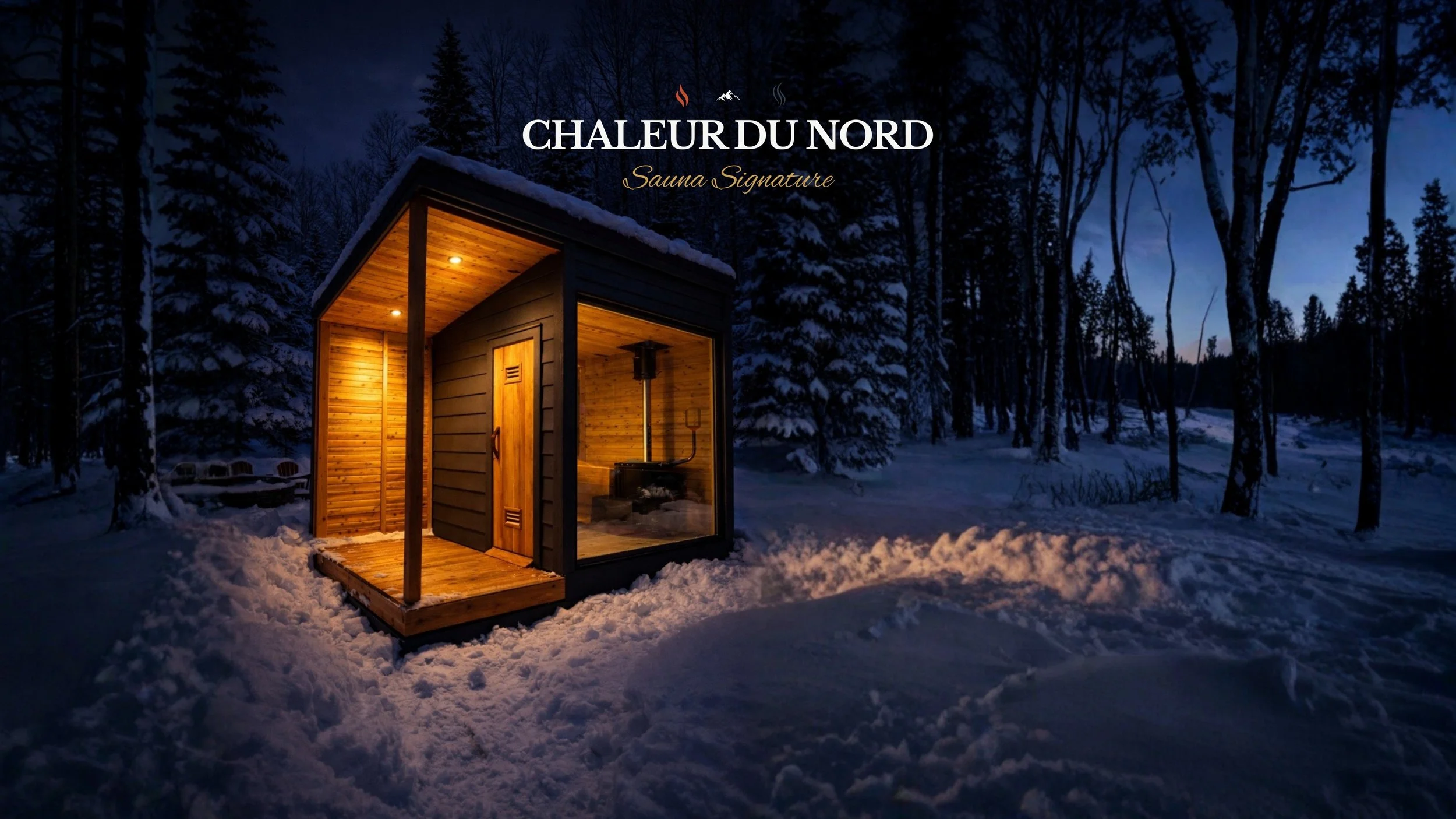 Cabane en bois avec sauna, éclairée dans un environnement enneigé et forêt, en soirée ou à la nuit.