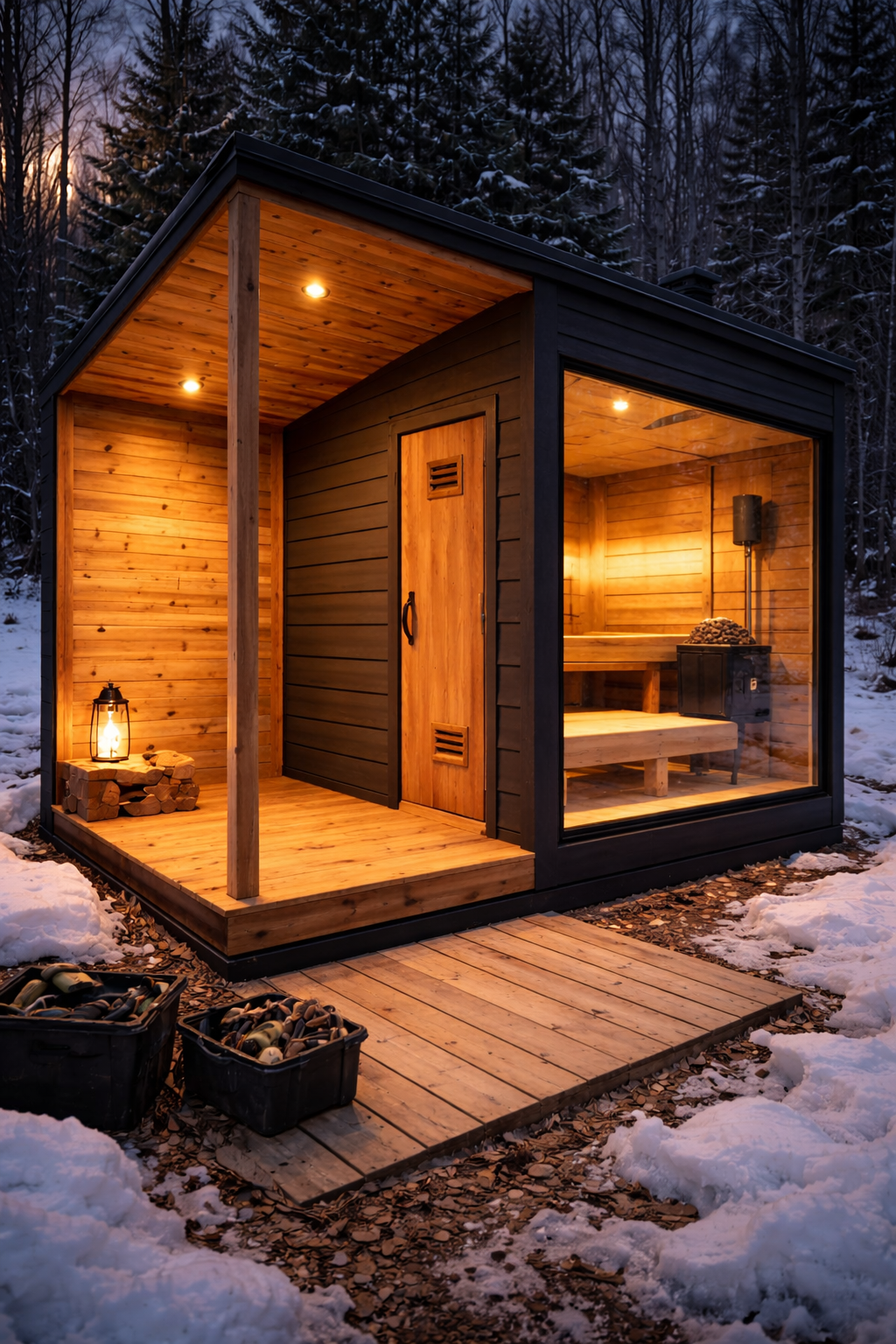 Cabane en bois avec sauna à l'extérieur, éclairée dans la forêt enneigée au crépuscule.
