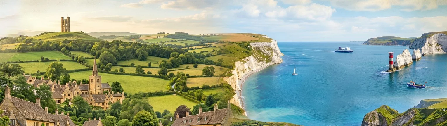 A panoramic view of a coastal landscape featuring a green countryside with a village and church steeple on the left, and white chalk cliffs along the shoreline with ships and boats in the blue sea on the right.