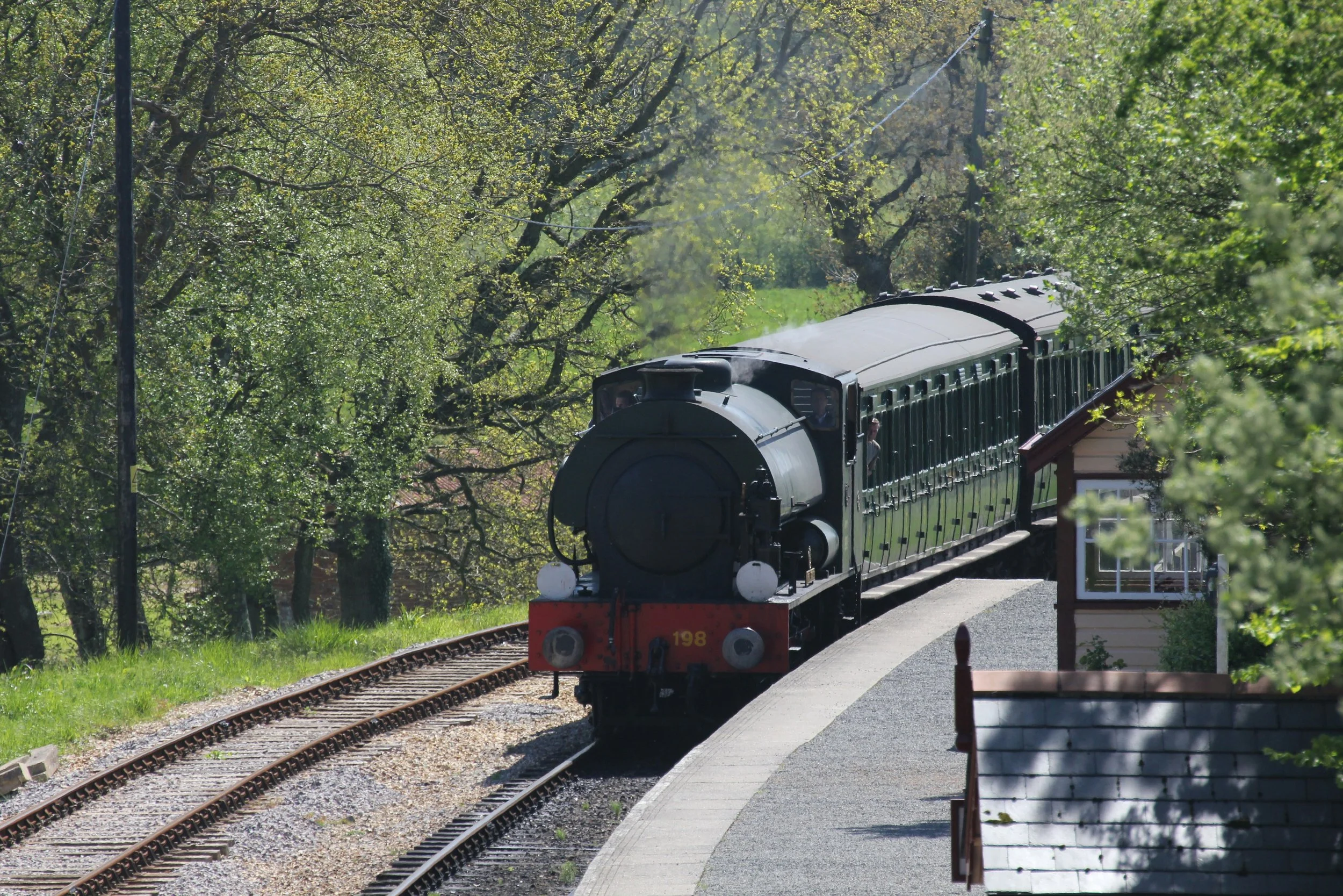 A vintage train with a black engine and green passenger cars traveling on a curved railway track surrounded by trees and greenery on a sunny day.
