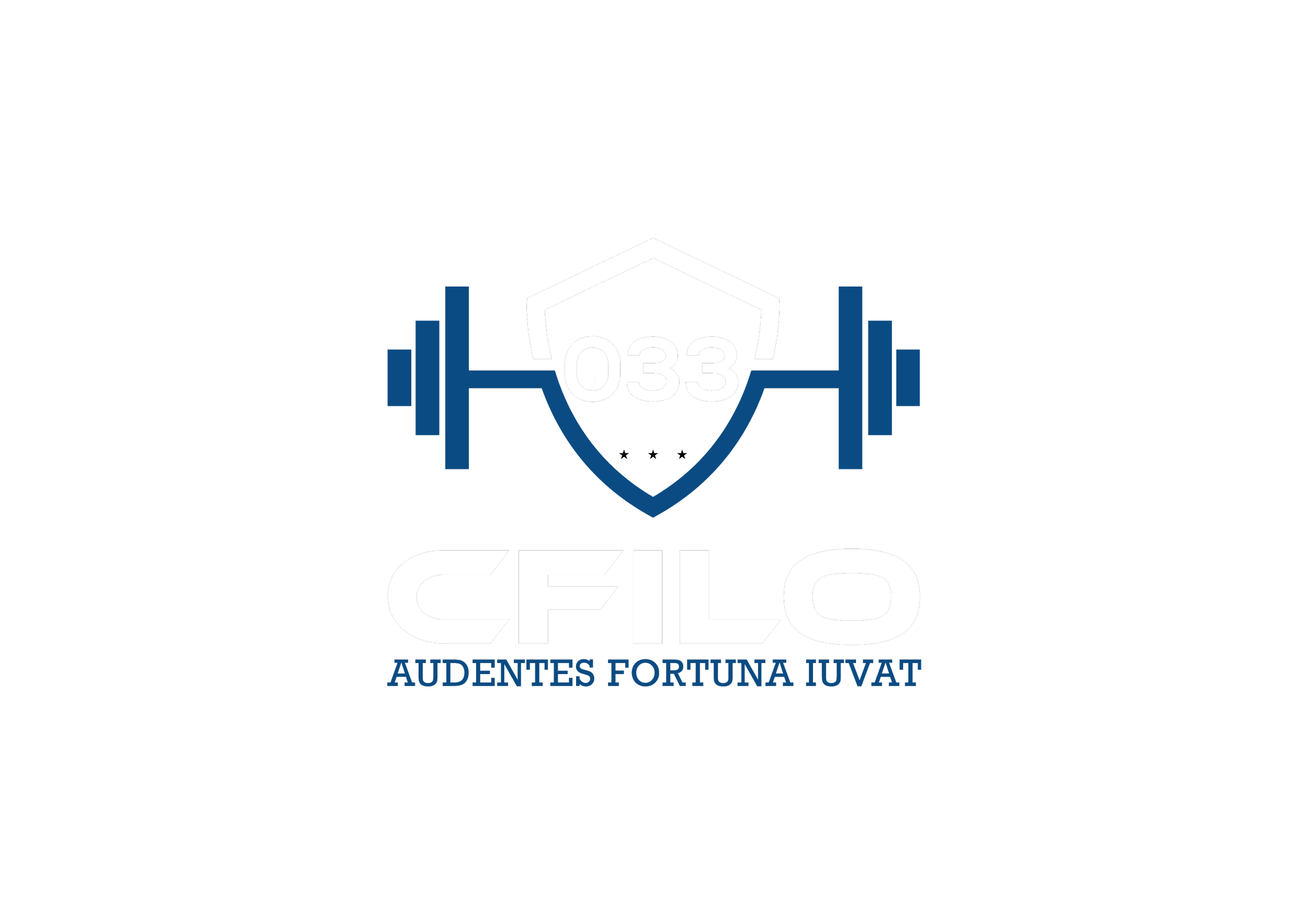 A logo with a shield, a barbell, and the text 'CFLO' in bold white letters; below, in Latin, 'Audentes Fortuna Iuvat', meaning 'Fortune favors the bold'.