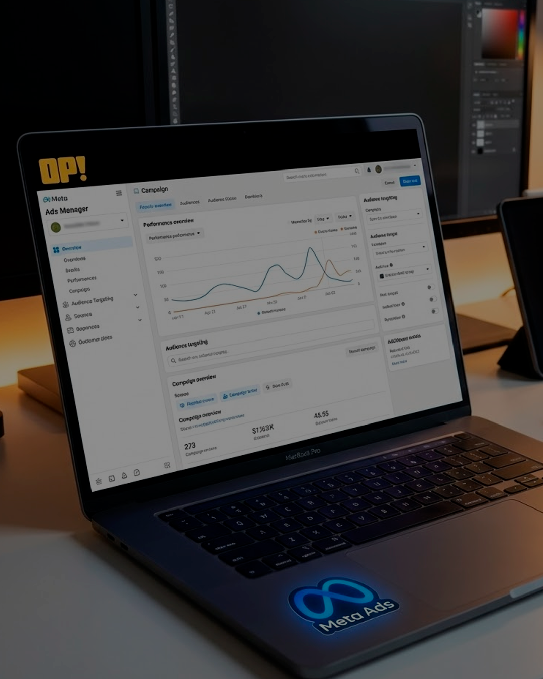 Laptop en una mesa con pantalla de administrador de anuncios de Meta, mostrando gráficos y estadísticas, con un fondo de monitor de computadora y luz cálida.