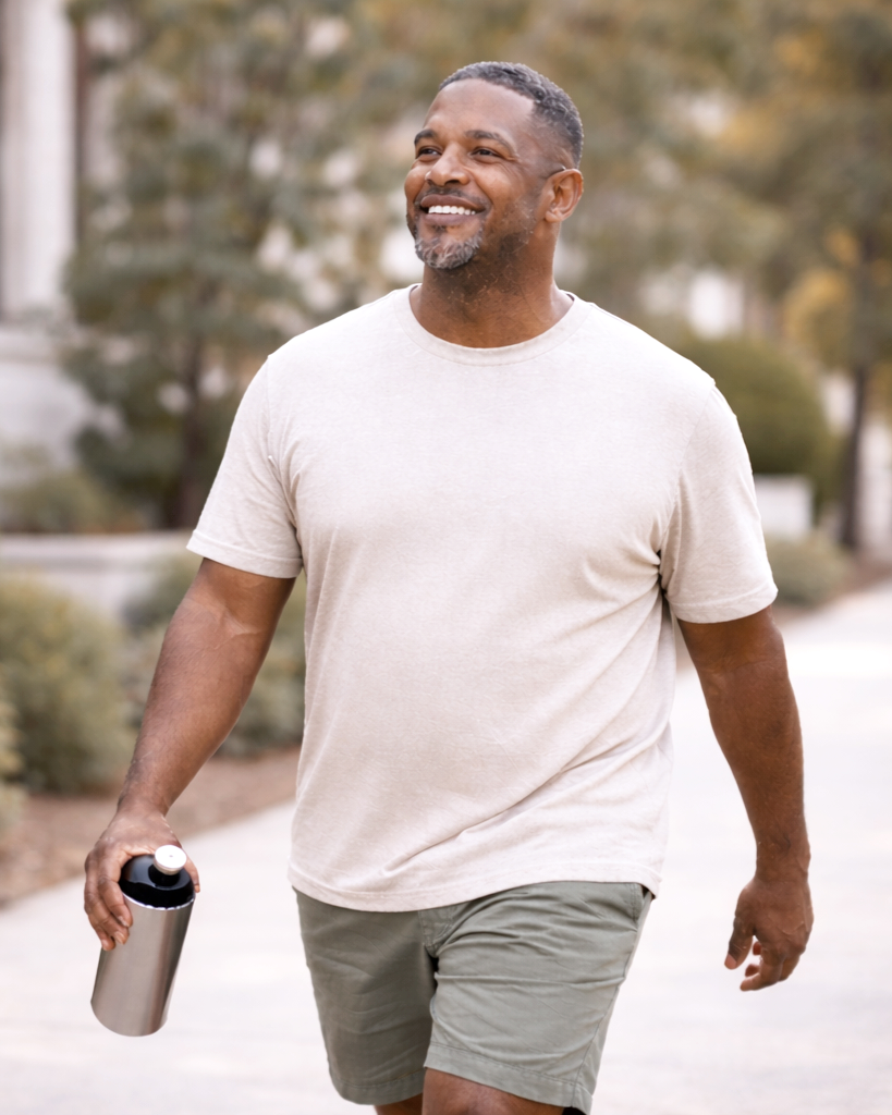 A middle-aged man with a beard smiling while walking outdoors with a stainless steel water bottle in his right hand, wearing a beige t-shirt and khaki shorts.