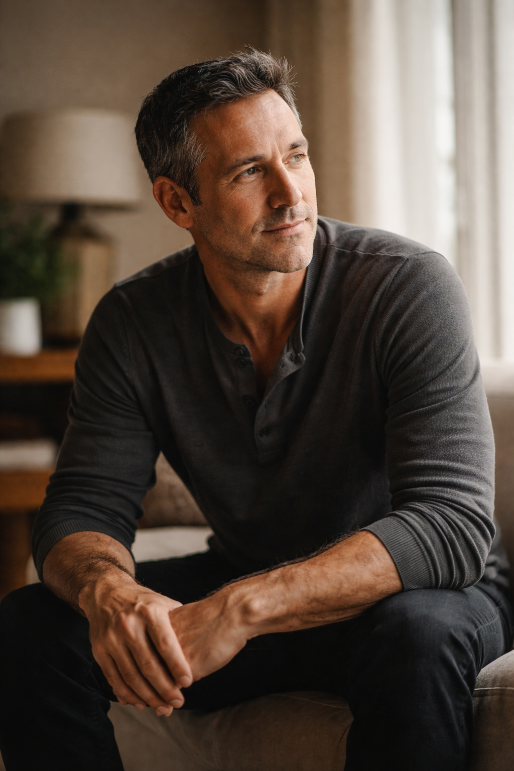 A man with short dark hair and light skin, sitting in a living room, looking thoughtfully out of a window.