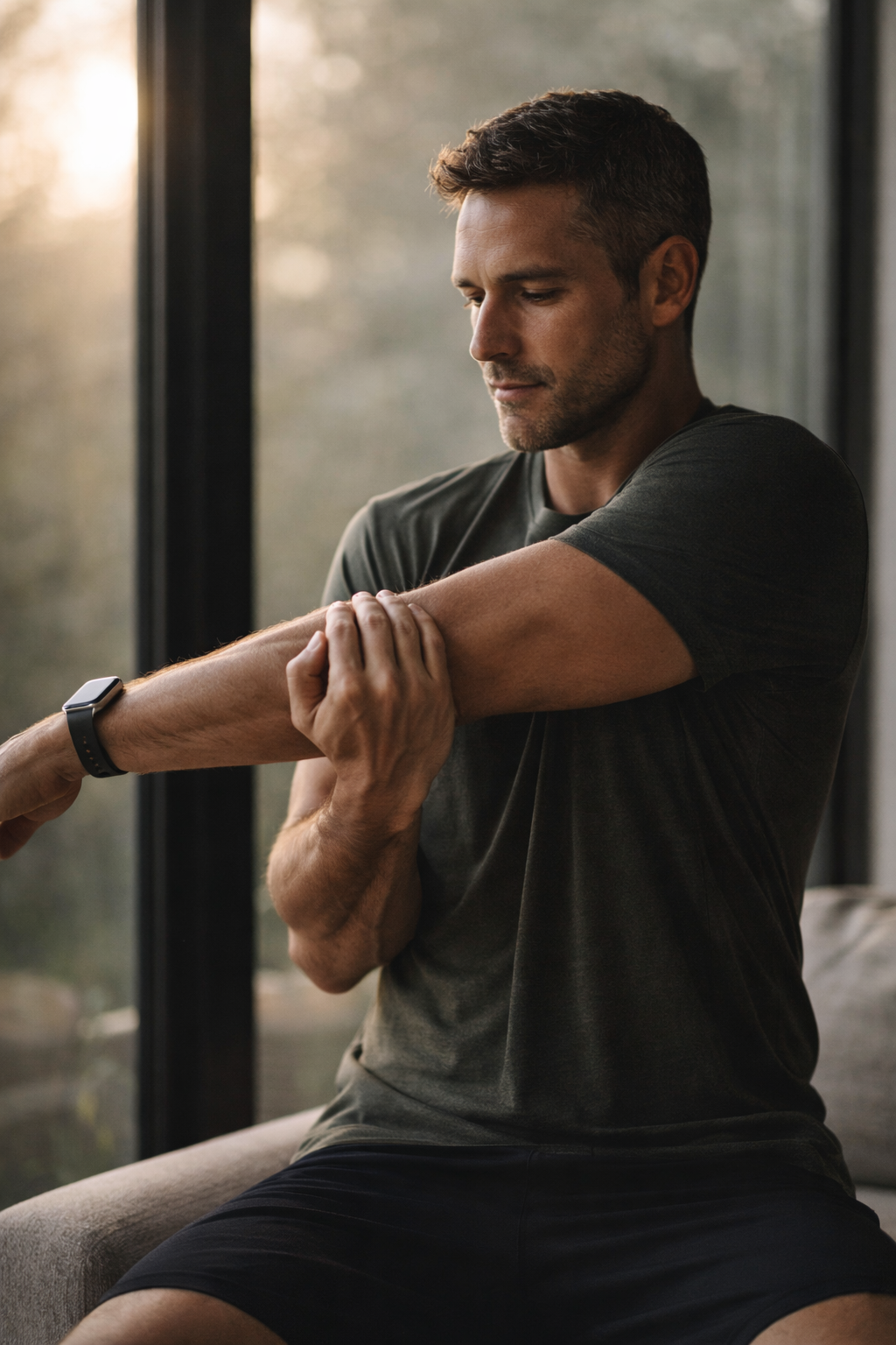 A man sits on a couch while stretching his right arm. He is wearing a dark t-shirt and a fitness tracker on his left wrist, with a neutral facial expression, in a room with large windows and natural light.