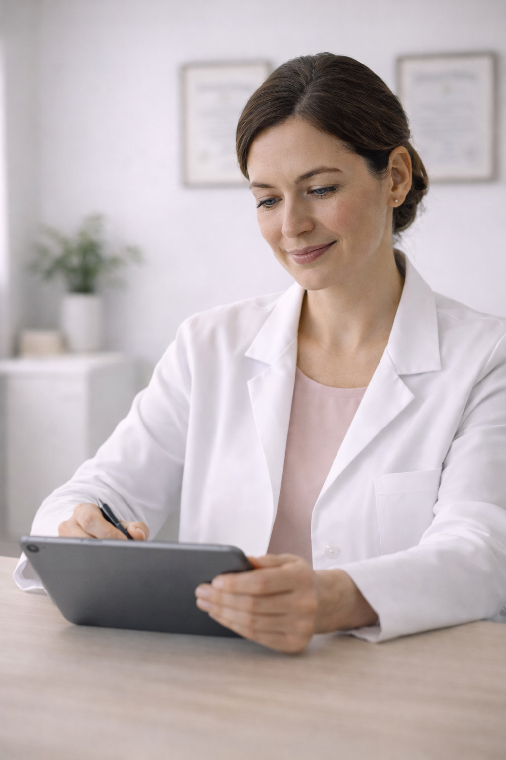 A woman in a white lab coat sitting at a desk, smiling and looking at a tablet device.