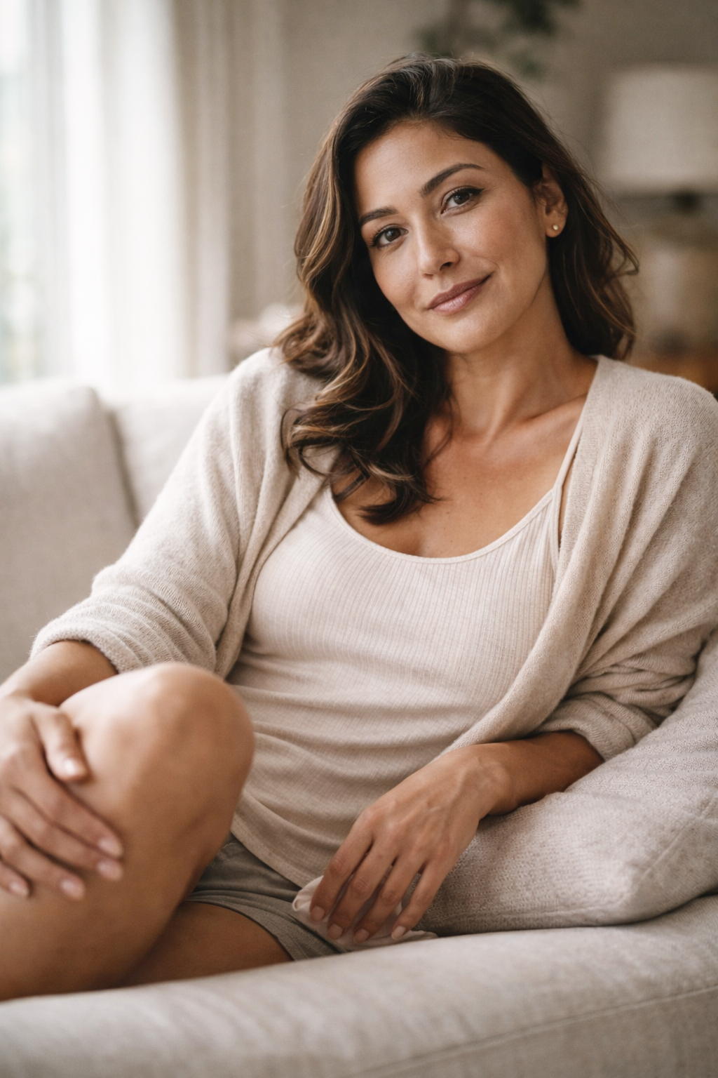 A woman with dark wavy hair sitting on a sofa, smiling softly, wearing a light-colored tank top and beige cardigan, with a cozy living room background.