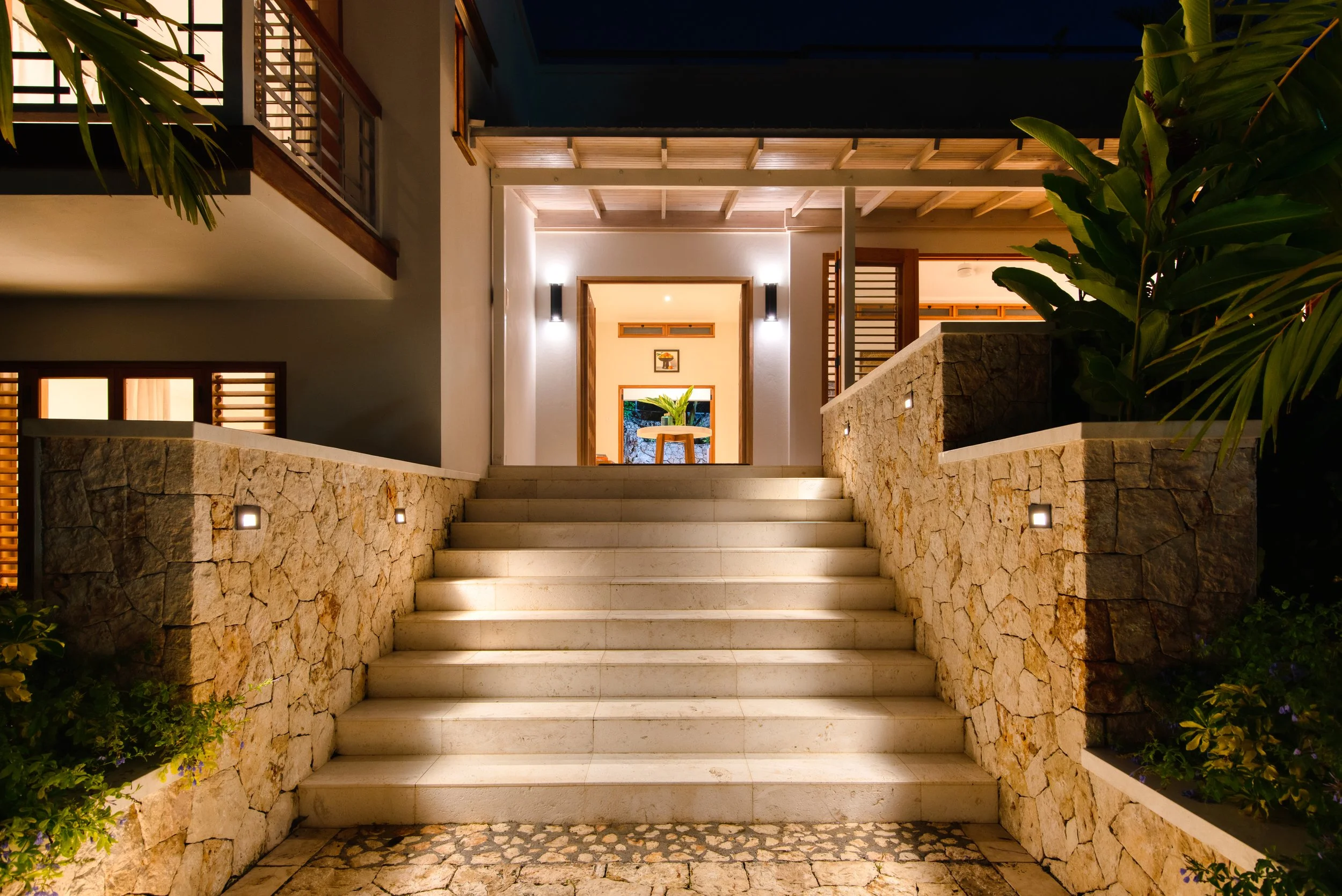Staircase leading to front door at Mango Hill Villa in Silver Sands Jamaica