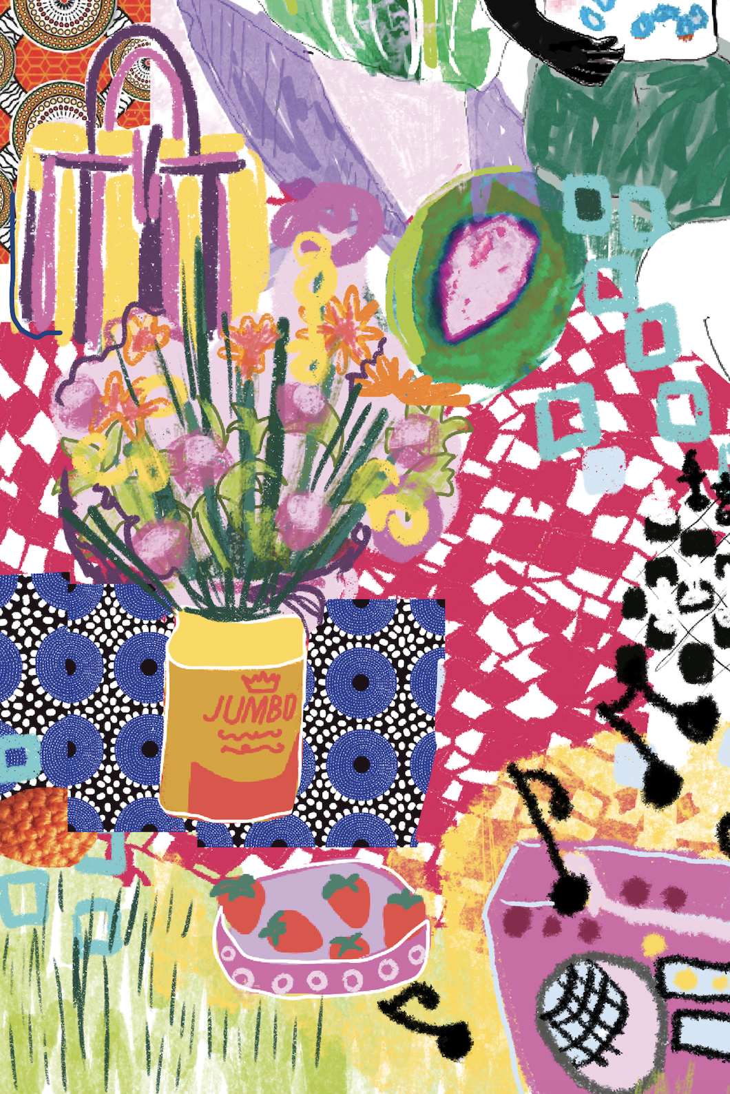 A colorful, abstract drawing featuring a yellow can of Jumbo brand food, a bouquet of flowers, a container of strawberries, and various patterned backgrounds.