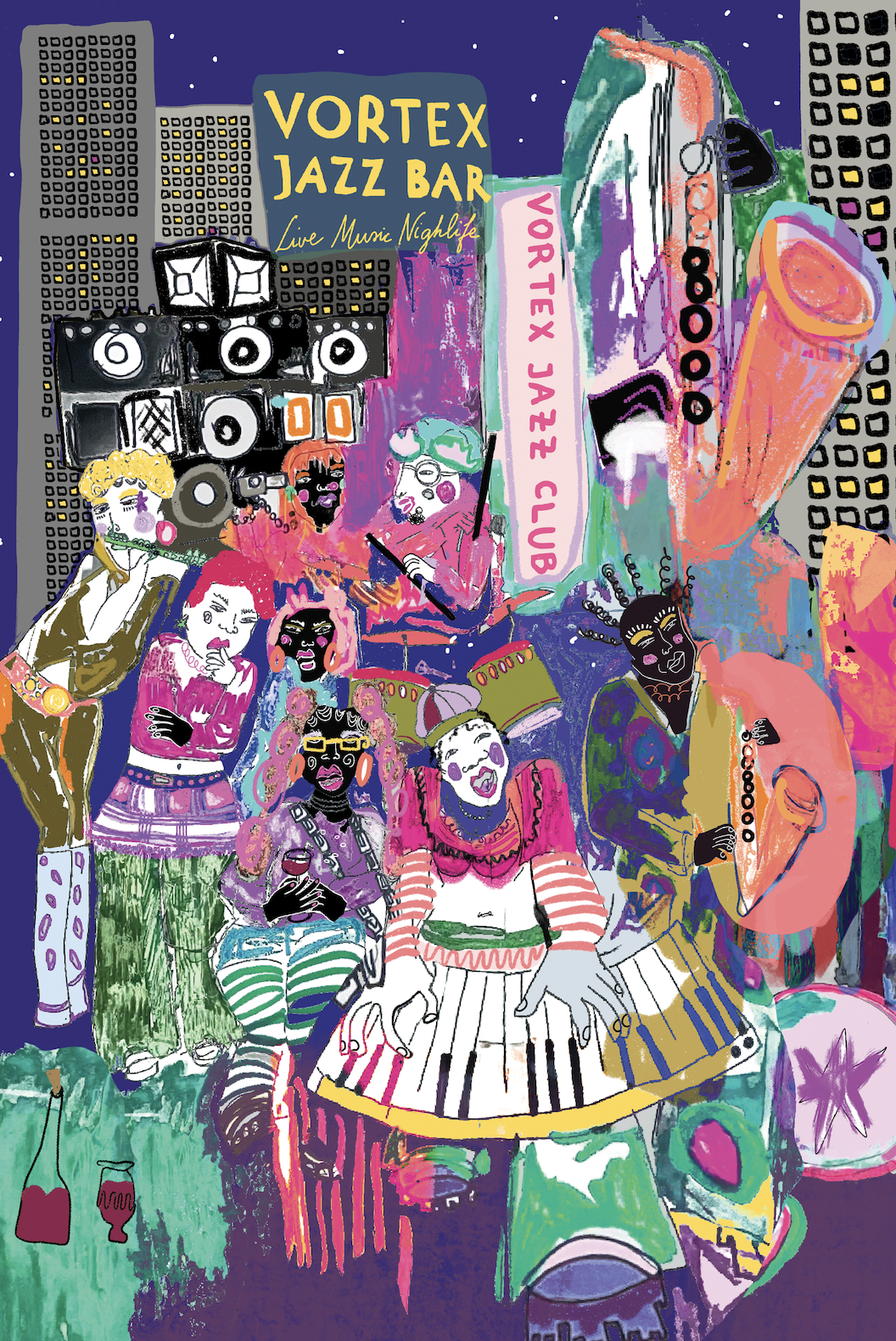 Colorful illustration of a lively nighttime scene at a jazz bar called Vortex Jazz Club, featuring diverse musicians and audience members celebrating with music, drinks, and vibrant attire, set against a city skyline background with tall buildings.