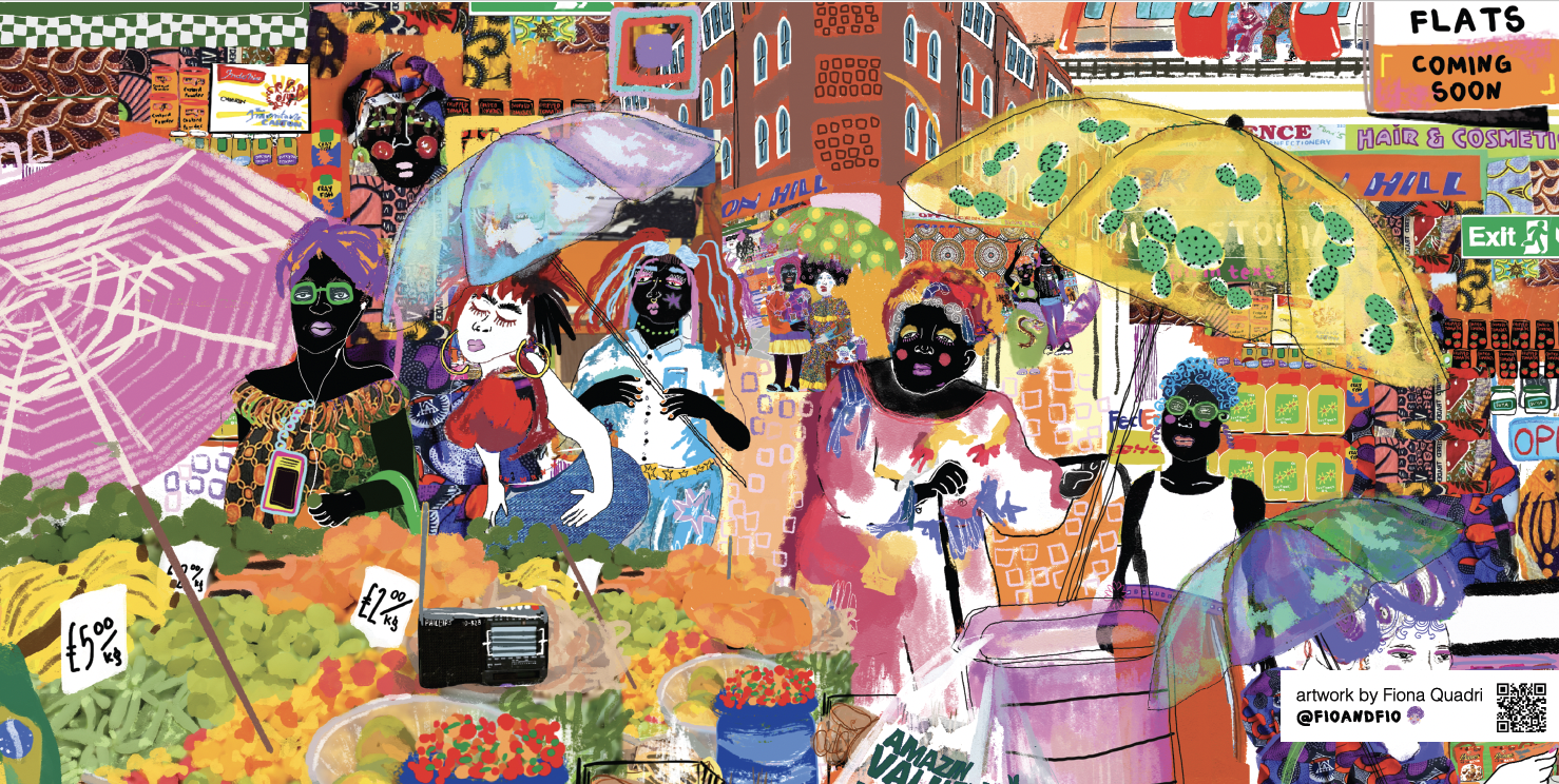 A colorful, abstract illustration of a busy street market scene with diverse people holding umbrellas, surrounded by fruit stands, signs, and city buildings.