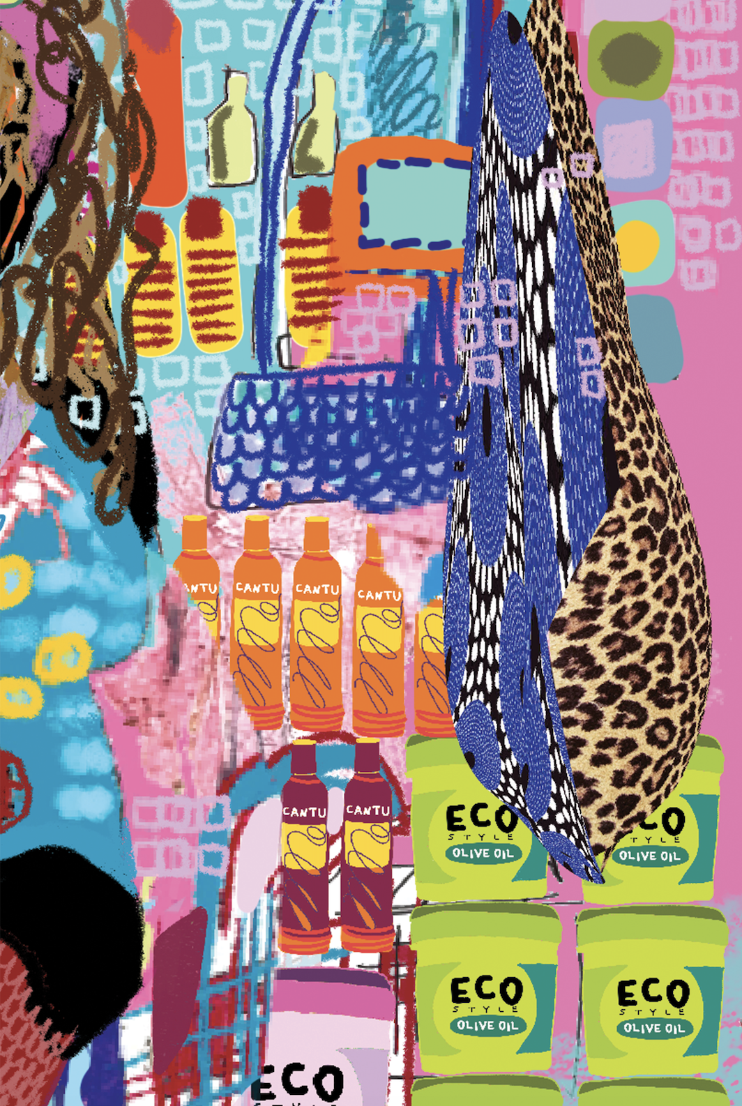 Colorful illustrated store display with bottles, cans, and packaged products, including spray bottles, olive oil, and various snacks.