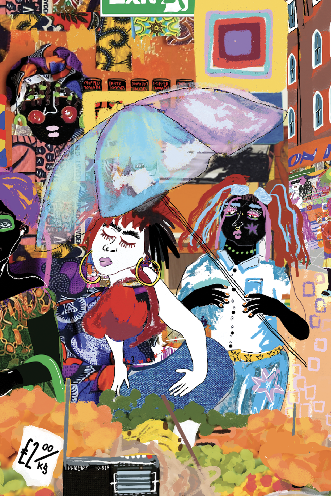 A colorful, artistic collage featuring stylized illustrations of three women, including one with closed eyes and earrings, holding an umbrella amidst vibrant, patterned background elements, graffiti, and various urban imagery.