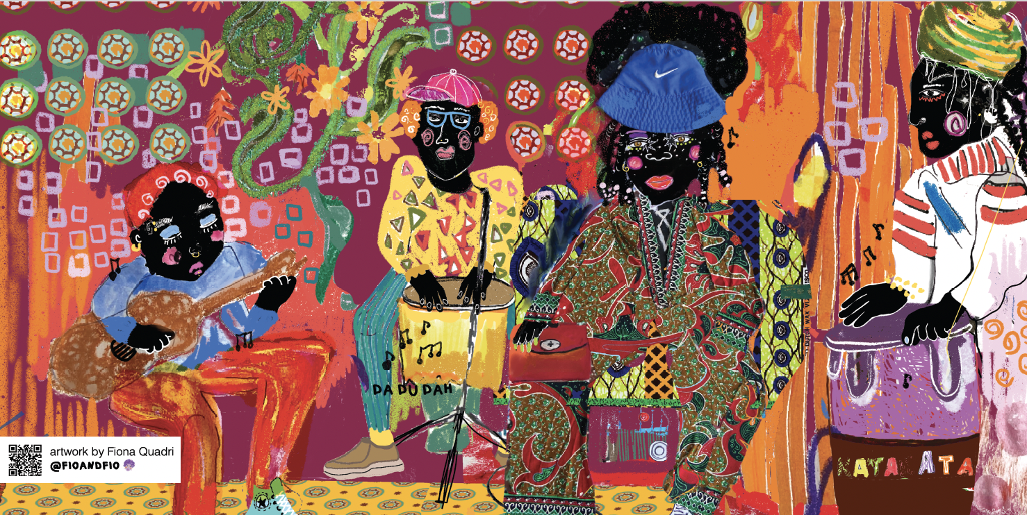 Colorful illustration of four musicians performing together, surrounded by vibrant patterned background with abstract shapes, flowers, and plants. The musicians are depicted with bright clothing, and some are playing instruments like guitar, drums, and a keyboard.